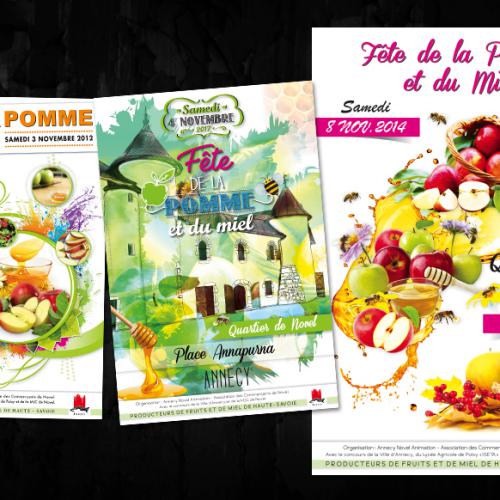 Création de l'Affiche pour la Fête de la Pomme et du Miel à Novel - Annecy / ©fotolia.com - ©freevector.com - ©freepik.com - Illustration : ©komkstudio.com